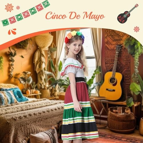 Mexican Girls Dress Cinco de Mayo Off-Shoulder Flower Dance