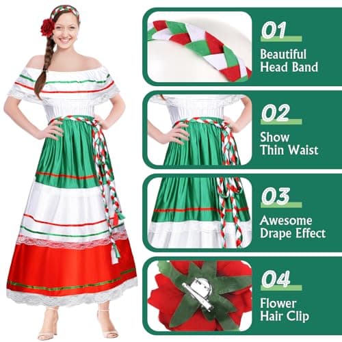 Riyiper Traditional Mexican Fiesta Dress for Women with Flower Hair Clip(X-Large)