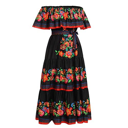 IWEMEK Mexican Off-Shoulder Floral Maxi Dress for Summer Beach Parties+ Belt
