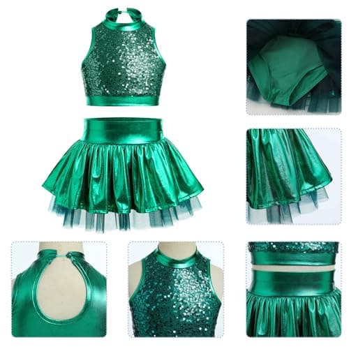 Girls Metallic Dance Costume with Shiny Sequin Tank Crop Top & Ruffle Skirt