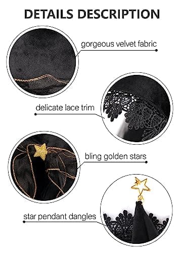 C-ZOFEK Women's Black Velvet Witch Hat with Lace Brim for Halloween Cosplay