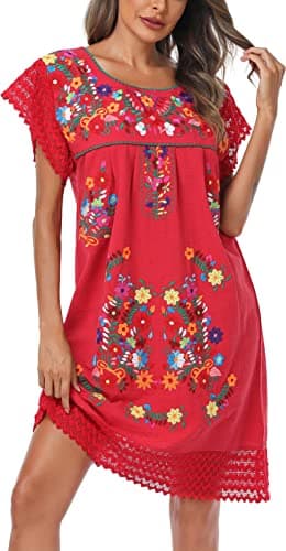 YZXDORWJ Women's Embroidered Mexican Peasant Lace Short Sleeve Dress
