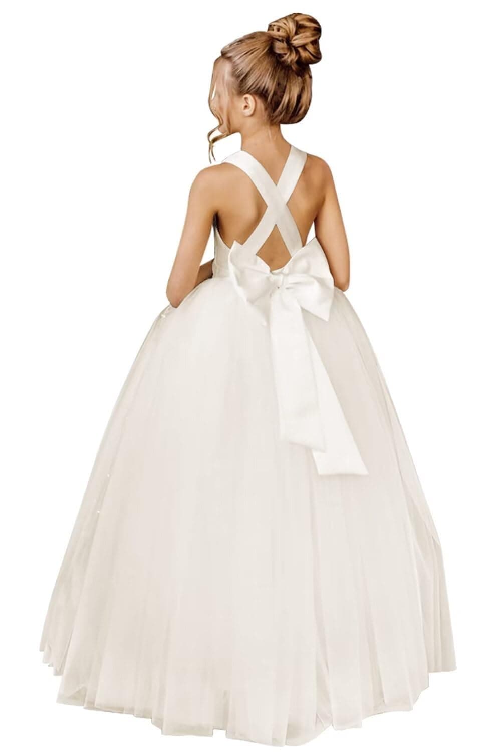 JISISANG Crossed Straps Satin Prom Dress with Bow Tulle for Flower Girls