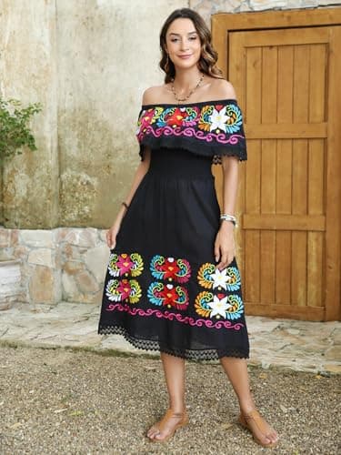 Vackutliv Mexican Embroidered Floral Off-the-Shoulder Dress