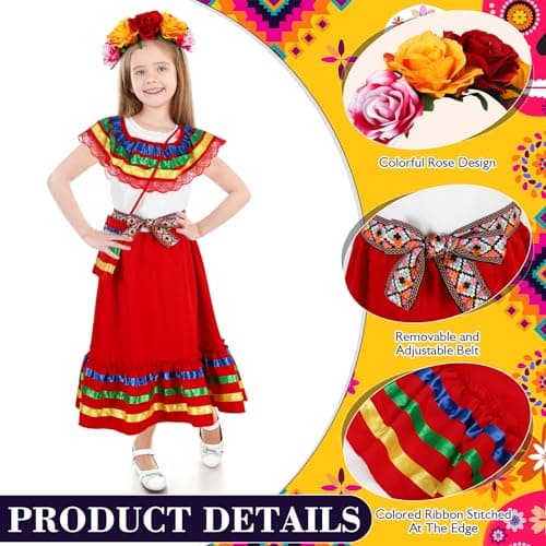 Funnysoft 6pcs Mexican Dress for Girls Cinco De Mayo Flower HeadpieceCostume