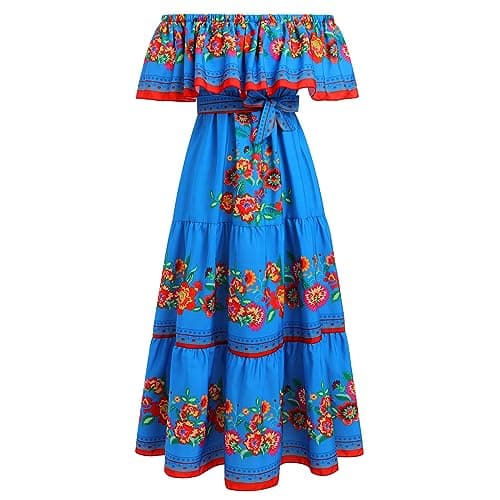 Mexican Floral Off Shoulder Maxi Dress for Women