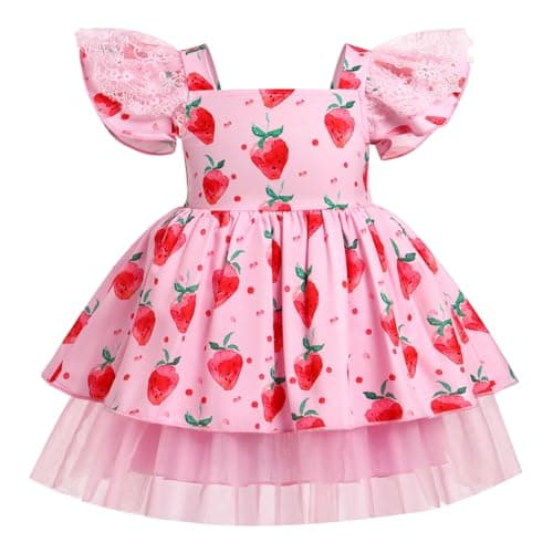 ODASDO Strawberry Printed Tutu Dress for Toddlers Girls Birthday Party