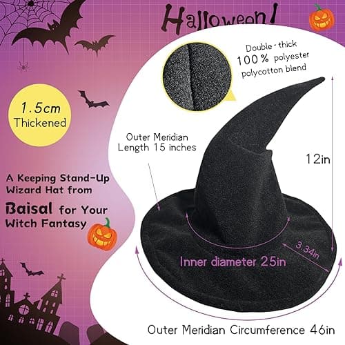 Witchelbas Classic Black Witch Hat for Adults, 1.5cm Thick, WICCAN Masquerade Style