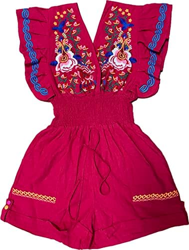 YZXDORWJ Women's Mexican Embroidered Floral V-Neck Butterfly Sleeve Jumpsuit