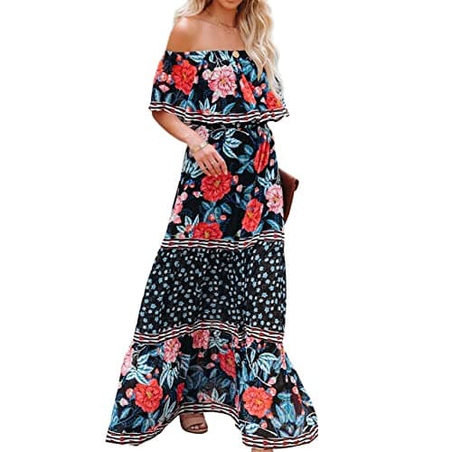 Mexican Floral Print Off The Shoulder Maxi Dress for Women