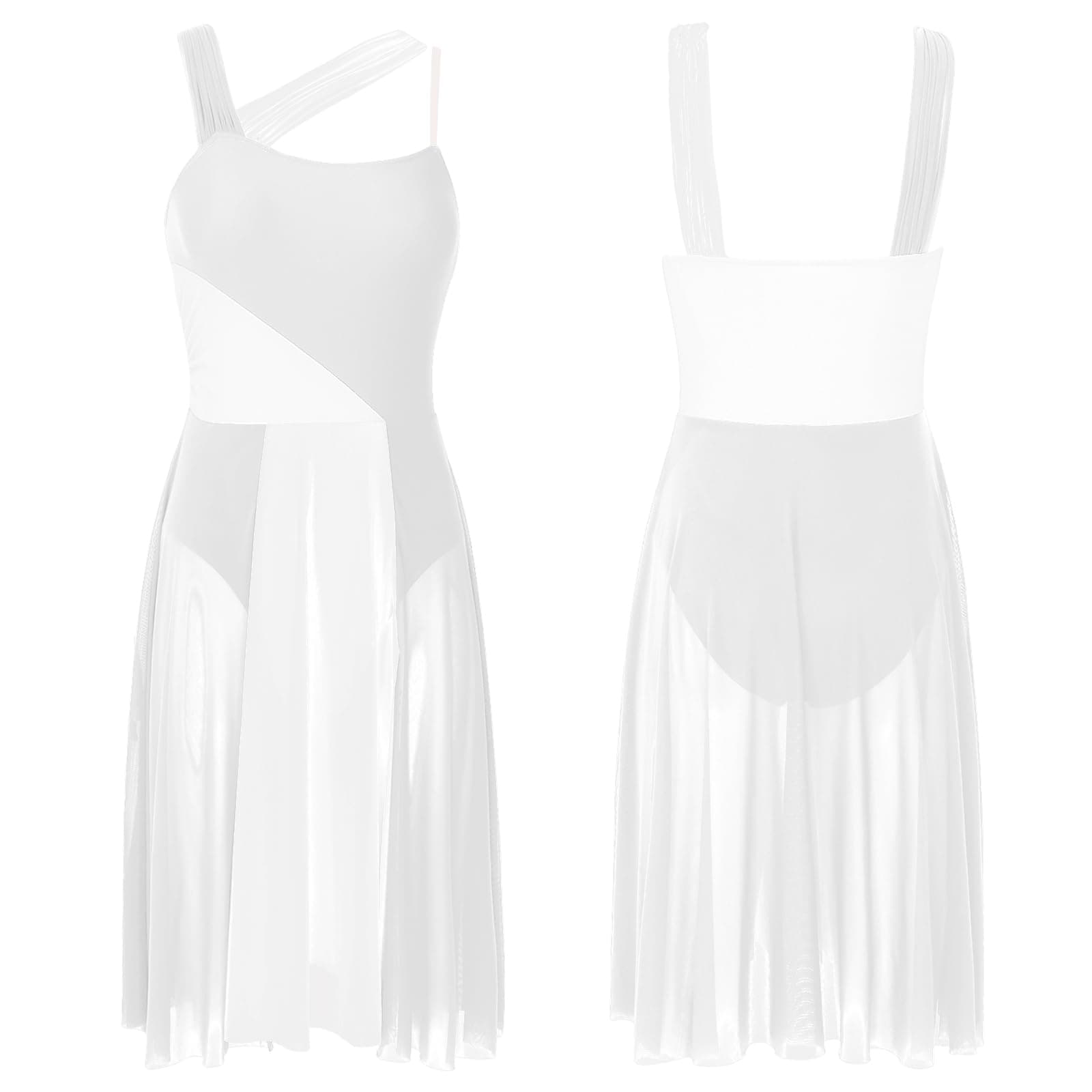 CochOn White Modern Lyrical Dance Dress for Women Flowy Split Sheer Mesh Leotard Maxi