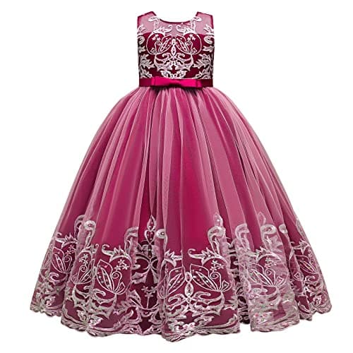 IDOPIP Kids' Flower Girl Lace Formal Long Tulle Dress for Weddings Bridesmaids