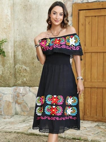 Vackutliv Mexican Embroidered Floral Off-the-Shoulder Dress