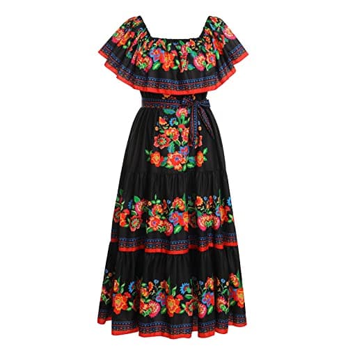 IWEMEK Mexican Off-Shoulder Floral Maxi Dress for Summer Beach Parties+ Belt