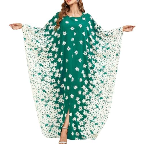IDOPIP Women's Muslim Ramadan Dress - Long Sleeve Floral Maxi Kaftan Robe