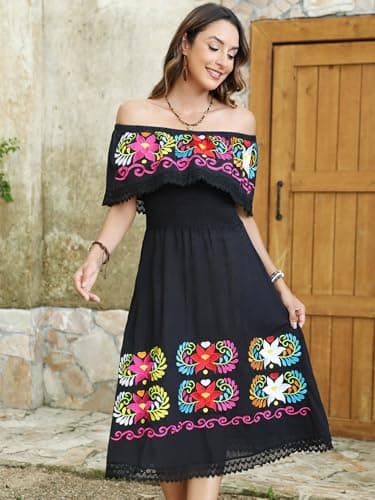 Vackutliv Mexican Embroidered Floral Off-the-Shoulder Dress
