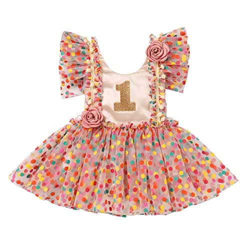 AWIBMK Apricot Polka Dot Daisy Tutu Dress for 1-Year-Old Princess Parties