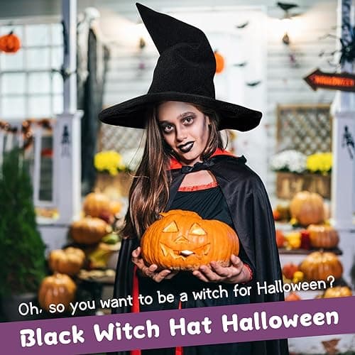 Witchelbas Classic Black Witch Hat for Adults, 1.5cm Thick, WICCAN Masquerade Style