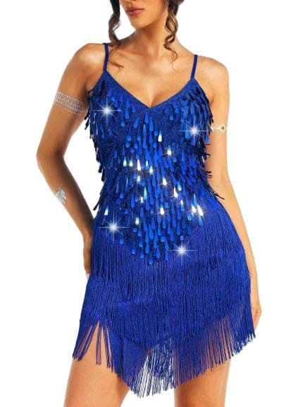 REEtan Fringe Sequin Flapper Dress Sparkly Latin Dance Costume