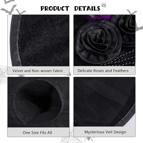 DERAYEE Black Velvet Witch Hat for Women Halloween Cosplay Party