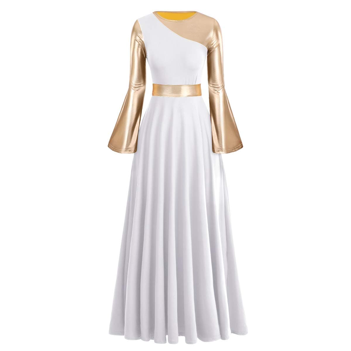 Women's Gold Metallic Worship Dance Dress with Bell Sleeves