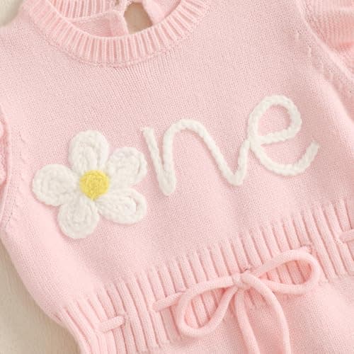 SYOKUP First Birthday Girl Romper Floral Embroidered Crochet Knit Outfit