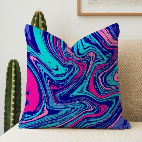Marble Blue Linen Pillow Cover - 16x16 Inch Decorative Couch Cushion for Living Room or Bed