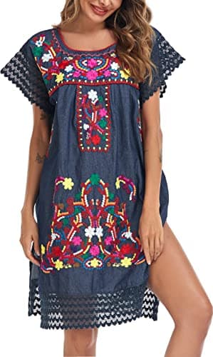 YZXDORWJ Women's Embroidered Mexican Peasant Lace Short Sleeve Dress