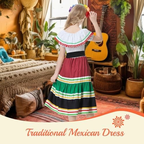 Mexican Girls Dress Cinco de Mayo Off-Shoulder Flower Dance