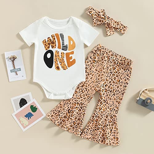 Eadrioss Wild Girl Birthday Outfit Leopard Romper Bell Bottoms