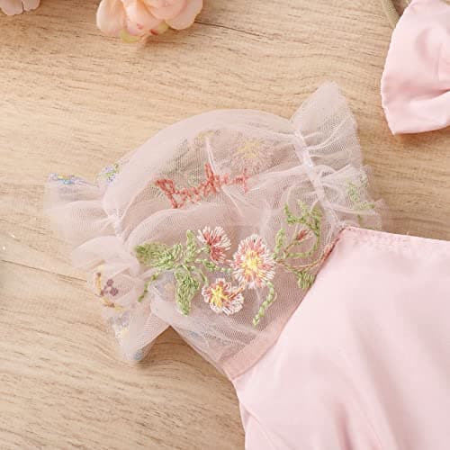 Baby Girls Birthday Party Dress with Flower Embroidery Short Sleeve Sundress and Headband
