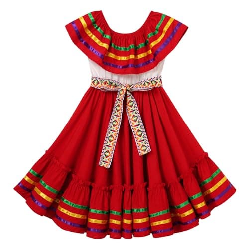 Mexican Folk Ruffle Drape Dress for Girls with Belt