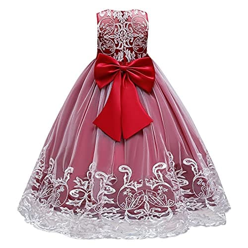 IDOPIP Kids' Flower Girl Lace Formal Long Tulle Dress for Weddings Bridesmaids