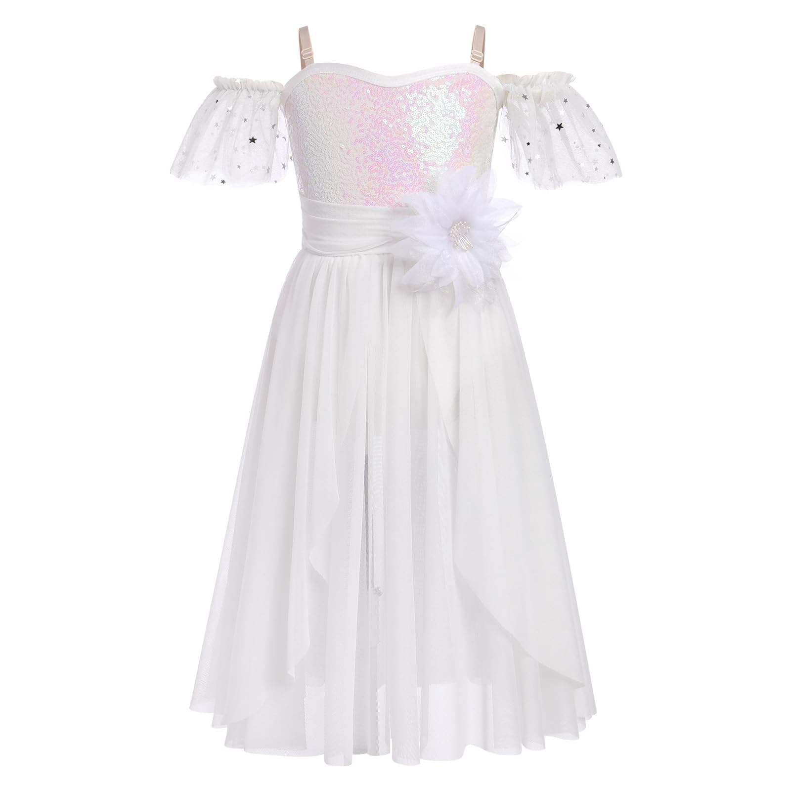IBAKOM Chiffon Sequin Off-Shoulder Ballet Dress for Girl