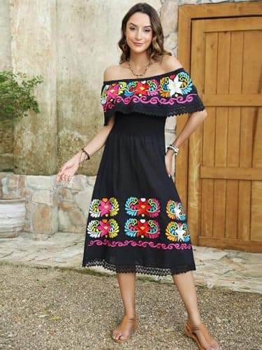 Vackutliv Mexican Embroidered Floral Off-the-Shoulder Dress