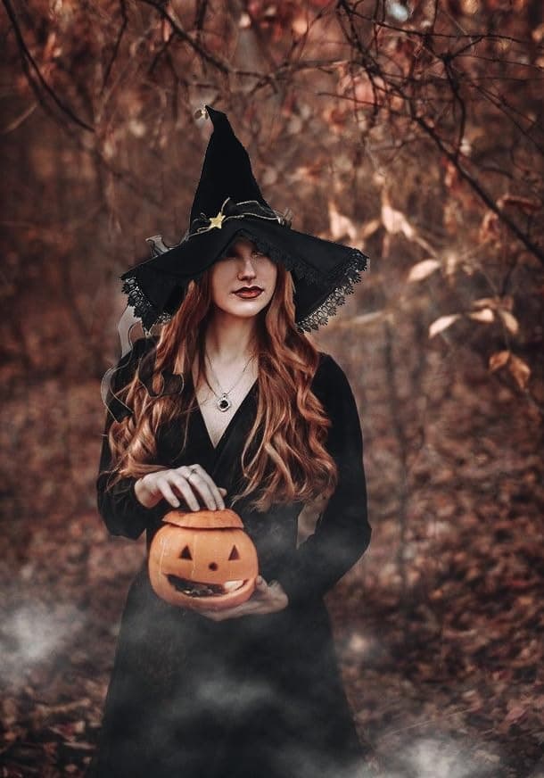 C-ZOFEK Women's Black Velvet Witch Hat with Lace Brim for Halloween Cosplay