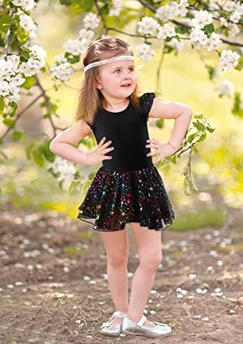 DANSHOW Girls' Shiny Ruffle Sleeve Ballet Leotard & Skirt Dancewear
