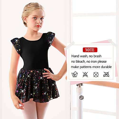 DANSHOW Girls' Shiny Ruffle Sleeve Ballet Leotard & Skirt Dancewear