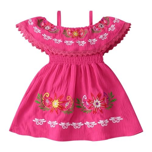 FYMNSI Toddler Mexican Off-Shoulder Floral Embroidered Casual Dress