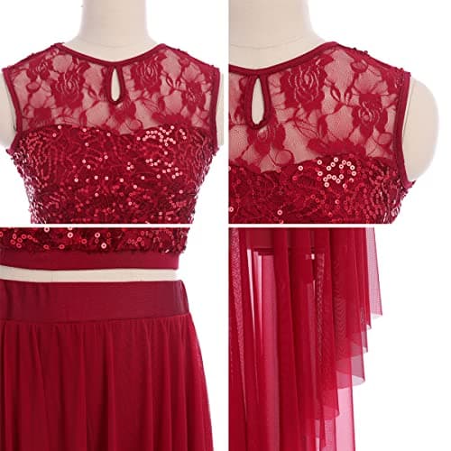 ODASDO Lyrical Dance Costume Sequin Floral Crop Top & Flowy Skirt 2pcs Outfit