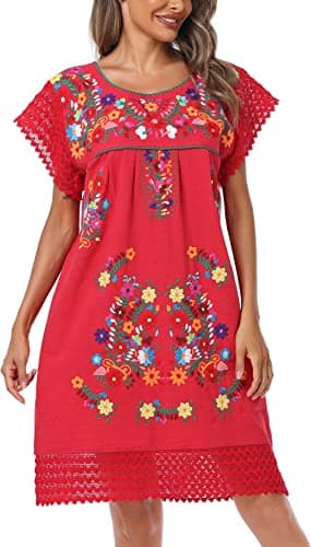 YZXDORWJ Women's Embroidered Mexican Peasant Lace Short Sleeve Dress