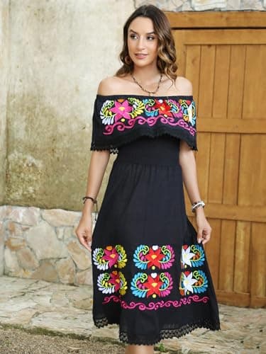 Vackutliv Mexican Embroidered Floral Off-the-Shoulder Dress