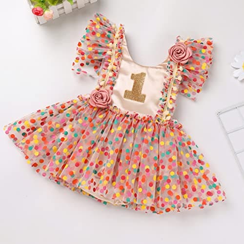 AWIBMK Apricot Polka Dot Daisy Tutu Dress for 1-Year-Old Princess Parties