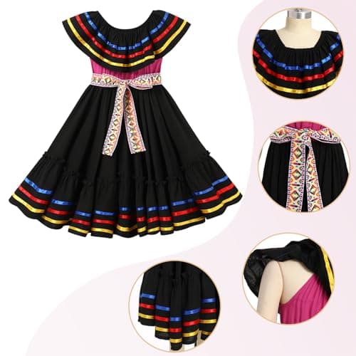 Mexican Folk Ruffle Drape Dress for Girls with Belt