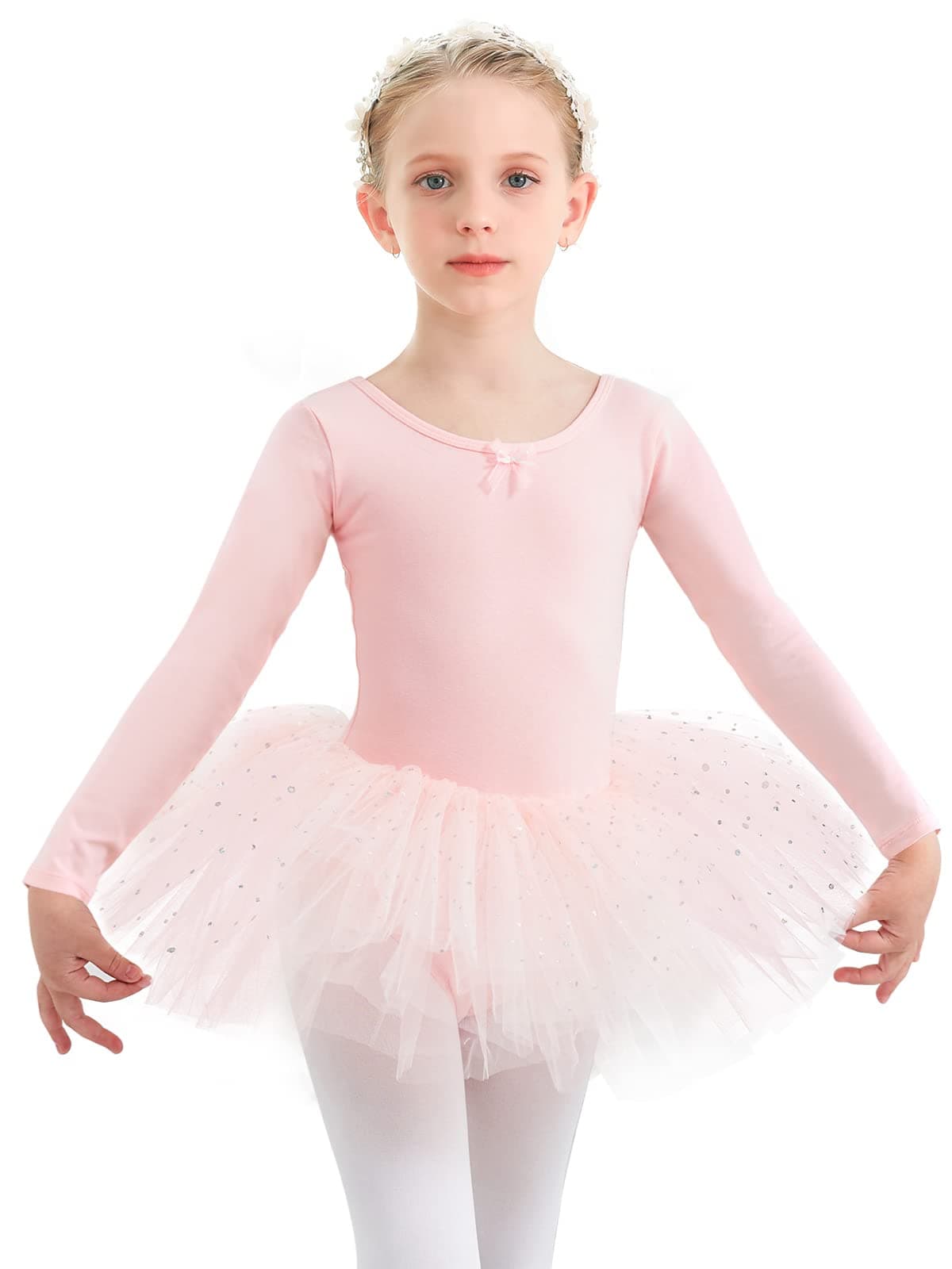 Gorphnc Pink Long Sleeve Dance Leotard with Tutu Skirt for Girls