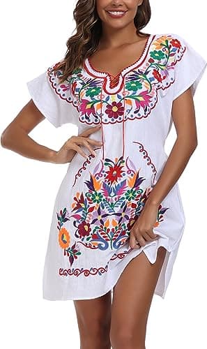 YZXDORWJ Women's Mexican V-Neck Fiesta Dress with Short Sleeves