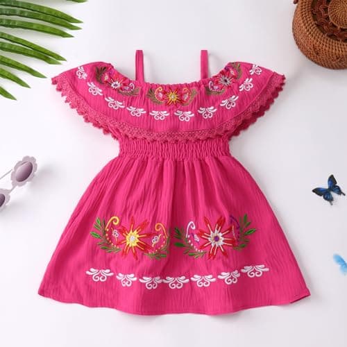 FYMNSI Toddler Mexican Off-Shoulder Floral Embroidered Casual Dress