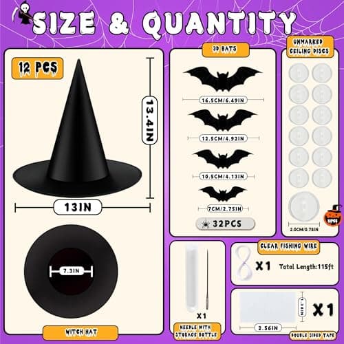 OCTERIC 3D Black Witch Hats for Halloween Costumes & Decorations Indoors Outdoors