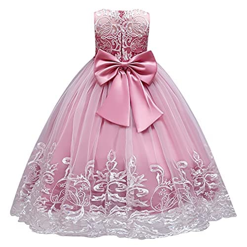 IDOPIP Kids' Flower Girl Lace Formal Long Tulle Dress for Weddings Bridesmaids