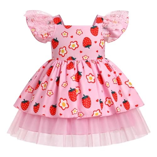 ODASDO Strawberry Printed Tutu Dress for Toddlers Girls Birthday Party